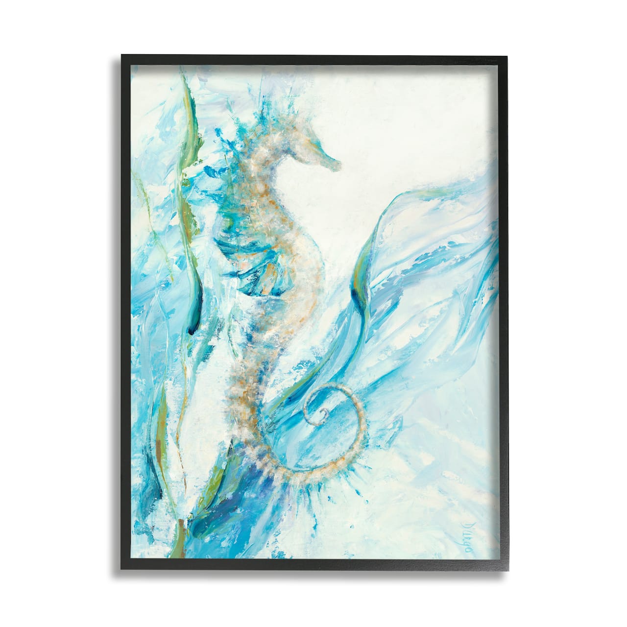Stupell Industries Nautical Seahorse Blue Fluid Ocean Water in Black Frame Wall Art